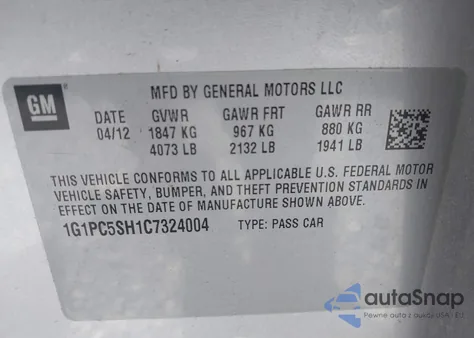2012 Chevrolet Cruze Ls from USA, damaged, VIN 1G1PC5SH1C7324004